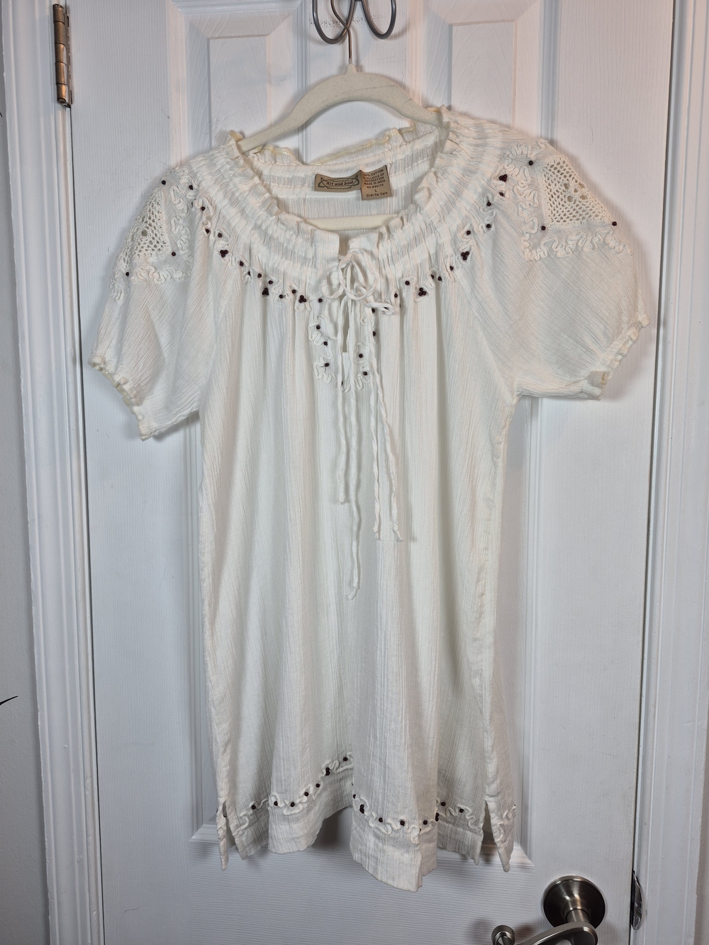 Art and Soul Cottagecore Boho Beaded Gauze Tunic Blouse Top White Large